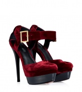 Finish your look on an ultra glamorous note with Rachel Zoes rich merlot velvet platform pumps - Rounded toe, buckled ankle strap, cut-out back counter, black stacked leather platform and heel - Pair with chic cocktail dresses and shimmering metallic accessories