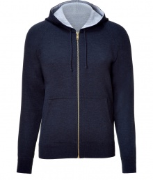 Luxe pullover in sumptuous, cashmere and silk blend - Truly comfortable, thanks to a generous amount of stretch - Elegant navy exterior and light grey lining - Drawstring hood and kangaroo pockets - Zips at front - A stylish, classically cool go-to in any wardrobe - Versatile and elegant, ideal for everyday - Pair with chinos, jeans and shorts