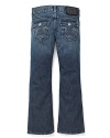 Put a strut in your little rocker's step. These True Religion bootcut jeans feature an easy-going fit with white stitch logo embroidery on the back flap pocket.