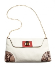 Fall head over heels for this modern girl must-have from Furla. Constructed from a rich leather, this design is decorated with python print accents and glossy goldtone hardware. Fall head over heels for this modern girl must-have from Furla. Constructed from a rich leather, this design is decorated with python print accents and glossy goldtone hardware.