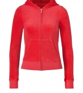 Kick-start your new season off-duty look with Juicy Coutures radiant red velour hoodie - Hooded, front zip closure, long sleeves, split kangaroo pocket - Slim fit - Pair with matching pants, favorite jeans, or mini-skirts