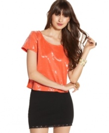 Shine on in a cropped sequin top from Material Girl! The bold color looks great paired with your dark or black jeans, too. Shine on in a cropped sequin top from Material Girl! The bold color looks great paired with your dark or black jeans, too.