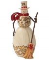 Brilliant gold and burgundy details light up this folksy snowman. With broom in hand and windswept scarf around his neck, this figurine adds new personality to the season.