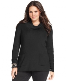 Cozy up to DKNY Jeans' cowlneck plus size sweater, featuring patch pockets.