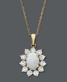 Capture the pristine elegance of opal. This pretty pendant features an oval-cut opal (3/4 ct. t.w.) surrounded by a sparkling halo of diamond accents. Crafted in 14k gold and 14k white gold. Approximate length: 18 inches. Approximate drop: 1/2 inch. Capture the pristine elegance of opal. This pretty pendant features an oval-cut opal (3/4 ct. t.w.) surrounded by a sparkling halo of diamond accents. Crafted in 14k gold and 14k white gold. Approximate length: 18 inches. Approximate drop: 1/2 inch.