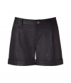 Stylish shorts made ​.​.of fine, black, washed lamb leather - Wonderfully elegant, yet sexy and comfortable, too - Fit slim, mini short and has a casual rolled up hem - Moderately wide waistband with belt loops - Shows off slender legs with high heels - An absolute fashion must-have for winter - Pairs with turtleneck pullovers, a tunic, silk top