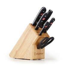 For nearly two centuries, Wusthof has been crafting exceptionally strong, sharp and balanced cutlery. Forged in Germany from one piece of steel, each Wusthof knife boasts superlative precision. Indispensible for cooking enthusiasts, this set includes a 3 paring knife, 4.5 utility knife, 8 bread knife, 8 cook's knife, 9 steel and kitchen shears in a convenient wood block For nearly two centuries, Wusthof has been crafting exceptionally strong, sharp and balanced cutlery. Forged in Germany from one piece of steel, each Wusthof knife boasts superlative precision. Indispensible for cooking enthusiasts, this set includes a 3 paring knife, 4.5 utility knife, 8 bread knife, 8 cook's knife, 9 steel and kitchen shears in a convenient wood block