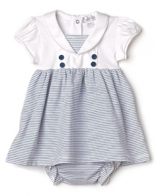 You little matey will make a splash in this picture-perfect nautical dress, embellished with a solid puff-sleeve bodice and ruffed stripe skirt. You little matey will make a splash in this picture-perfect nautical dress, embellished with a solid puff-sleeve bodice and ruffed stripe skirt.