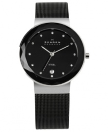 A faceted glass bezel catches attention on this mesh watch from Skagen Denmark. A faceted glass bezel catches attention on this mesh watch from Skagen Denmark.