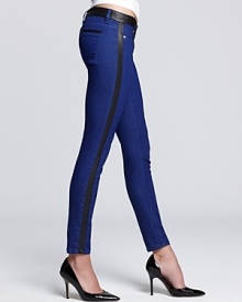 These boldly hued BLANKNYC skinny jeans boast a faux leather waistband and tuxedo stripes for added edge.