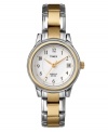 Contrasting metal tones and an elegant dial create this beautifully feminine watch by Timex. Two-tone stainless steel bracelet and round silver tone mixed metal case with gold tone bezel. White dial features black numerals and gold tone dot markers, subtle minute track, date window at three o'clock, gold tone hands, and logo. Quartz movement. Water resistant to 30 meters. One-year limited warranty.