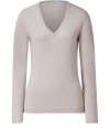 Exquisitely soft in chic cashmere, Brunello Cucinellis V-neck lends a luxurious polish to casual daytime looks - Softly scooped V-neckline, long sleeves, sueded elbow patches, fine ribbed trim - Classic straight fit - Team with tailored button-downs and dressy trousers, or with tissue tees, favorite jeans and flats