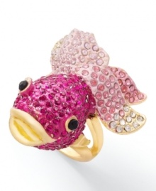 Take a cool dip in the pool of hot design. This adorable fish ring by Bar III glows with the addition of light pink and fuchsia crystals atop a gold tone mixed metal setting. Size 7.