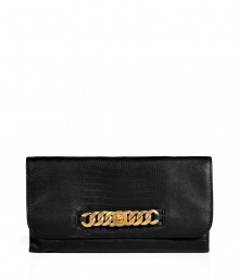 With a hint of ladylike sophistication, this day-to-night clutch from Marc by Marc Jacobs will give your look an instant upgrade - Front flap with gold-toned logo bracelet chain detail, hidden magnetic snaps under flap, inside zippered back wall pocket - Wear with an elevated jeans-and-tee ensemble or with a casual cocktail look