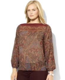 Lauren Ralph Lauren's slightly sheer georgette plus size blouse is rendered with an allover floral pattern, adding feminine allure to any wardrobe. Lauren Ralph Lauren's slightly sheer georgette plus size blouse is rendered with an allover floral pattern, adding feminine allure to any wardrobe.