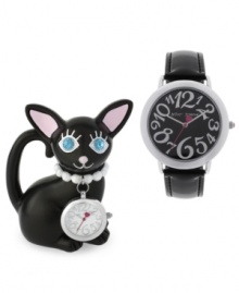 Never lose track of time with this adorable watch set. Includes a small clock in a cat silhouette with a 26mm dial. Never lose track of time with this adorable watch set. Includes a small clock in a cat silhouette with a 26mm dial.