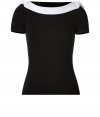 Ladylike and easy-to-pair, Valentinos fine knit wool top lends a lady-chic polish to your workweek look - Boat-neckline with white bow trim, cap sleeves - Form-fitting - Wear with everything from jeans and flats to pencil skirts and heels