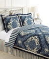 Refresh, renew, relax! Offering a fresh twist on traditional style, Martha Stewart Collection's Indigo Damask comforter set blends a floral damask pattern with tailored stripes for a look that ultimately inviting.