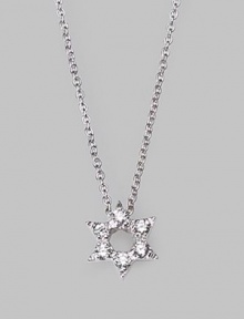 From the Tiny Treasures Collection. This petite diamond-encrusted star with an open center is set in 18k white gold and hangs from a sterling silver chain. Diamonds, 0.09 tcw 18k white gold and sterling silver Chain length, about 18 Pendant diameter, about ¼ Lobster clasp Made in Italy From the Tiny Treasures Collection. This petite diamond-encrusted star with an open center is set in 18k white gold and hangs from a sterling silver chain. Diamonds, 0.09 tcw 18k white gold and sterling silver Chain length, about 18 Pendant diameter, about ¼ Lobster clasp Made in Italy