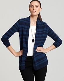 Exclusive to Bloomingdale's, this plush Theory cashmere cardigan is rendered in an open silhouette, boasting fresh stripes for trend-right style.