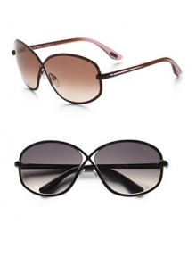 Oversized criss-cross frame holds a floating lens, with a logo medallion on the arms. Available in brown with brown gradient lens or gunmetal with smoke gradient lens. 100% UV protection Metal Made in Italy Oversized criss-cross frame holds a floating lens, with a logo medallion on the arms. Available in brown with brown gradient lens or gunmetal with smoke gradient lens. 100% UV protection Metal Made in Italy