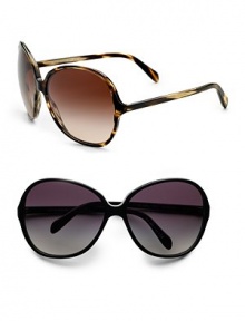 Oversized round frames handcrafted in thin plastic for a lightweight feel and glamorous look. Available in tortoise with brown gradient lens or black with grey gradient lens. 100% UV protection Imported Oversized round frames handcrafted in thin plastic for a lightweight feel and glamorous look. Available in tortoise with brown gradient lens or black with grey gradient lens. 100% UV protection Imported