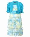 Add a touch of sophistication. Tiered ruffles, vibrant colors and ruched detailing give a grown up feel to this dress and cardigan set from Sequin Hearts.
