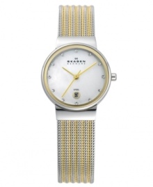 Take Swarovski sparkle on-the-go with this two-tone mesh watch from Skagen Denmark. Take Swarovski sparkle on-the-go with this two-tone mesh watch from Skagen Denmark.
