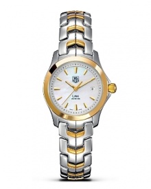 With its unique design, the TAG Heuer Link series has represented a perfect balance of sport and prestige since 1999. Its architecture reflects the power and beauty of steel through the play of contrasts and its refined lines. With white mother-of-pearl dial and a polished 18 Kt. solid gold bezel. Features a date window.