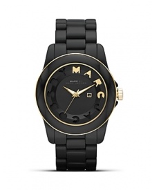 Tap into this season's athletic-inspired trend with this glossy style from MARC BY MARC JACOBS. Equal parts sporty and chic, it features chronograph movement and the brand's signature stamp. Tap into this season's athletic-inspired trend with this glossy style from MARC BY MARC JACOBS. Equal parts sporty and chic, it features chronograph movement and the brand's signature stamp.