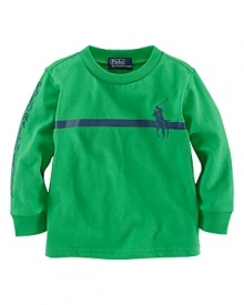 A soft cotton crewneck is printed with a signature Big Pony and a single contrast stripe for a bold graphic touch. A soft cotton crewneck is printed with a signature Big Pony and a single contrast stripe for a bold graphic touch.