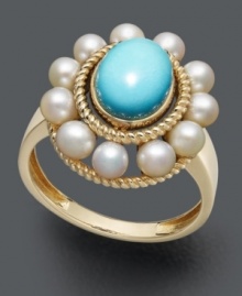 The perfect look for summer -- spruce up your style with this elegant ring in eye-popping color. Highlights an oval-cut turquoise stone (1-1/5 mm) surrounded by elegant cultured freshwater pearls (3-3-1/2 mm) cradled in intricate, rope-edged 14k gold. The perfect look for summer -- spruce up your style with this elegant ring in eye-popping color. Highlights an oval-cut turquoise stone (1-1/5 mm) surrounded by elegant cultured freshwater pearls (3-3-1/2 mm) cradled in intricate, rope-edged 14k gold.