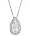 Sophistication reigns with this pave-framed pendant necklace from Eliot Danori. Crafted from rhodium-plated brass, a clear cubic zirconia (5 ct. t.w.) makes a bold statement. Approximate length: 16 inches + 2-inch extender. Approximate drop: 7/8 inch.