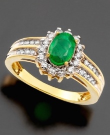 A ring fit for royalty. Stunning oval-cut emerald (3/4 ct. t.w.) is surrounded by sparkling diamonds (3/8 ct. t.w.) crafted in 14k gold. A ring fit for royalty. Stunning oval-cut emerald (3/4 ct. t.w.) is surrounded by sparkling diamonds (3/8 ct. t.w.) crafted in 14k gold.