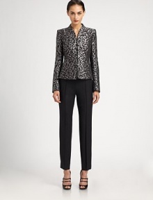 Equal parts exotic and elegant, this flawlessly tailored jacquard style is woven in an animal-inspired print.Molded stand collarConcealed button closuresBanded waistFully linedAbout 21 from shoulder to hem33% acrylic/29% acetate/15% wool/12% silk/7% nylon/4% microfiberDry cleanMade in Italy of imported fabricModel shown is 5'10 (177cm) wearing US size 2. 