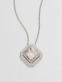 A distinctively faceted square of cubic zirconia is framed by shimmering pavé crystals in this lovely design on a silvery chain.Crystal and cubic zirconiaRhodium platingChain length, about 16Pendant, about ½ squareLobster claspImported A distinctively faceted square of cubic zirconia is framed by shimmering pavé crystals in this lovely design on a silvery chain.Crystal and cubic zirconiaRhodium platingChain length, about 16Pendant, about ½ squareLobster claspImported