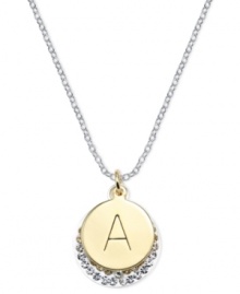 Letter perfection. This sterling silver necklace holds a pendant set in 14k gold and sterling silver plated topped with an A and adorned with crystal for a stunning statement. Approximate length: 18 inches. Approximate drop: 7/8 inch. Approximate drop width: 5/8 inch. Letter perfection. This sterling silver necklace holds a pendant set in 14k gold and sterling silver plated topped with an A and adorned with crystal for a stunning statement. Approximate length: 18 inches. Approximate drop: 7/8 inch. Approximate drop width: 5/8 inch.