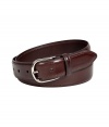 Rich, brown leather belt - Classic medium-width shape with oval silver-tone buckle - Beautifully crafted - Must-have basic accessory that fits with all pants - Dress with suit pants, jeans, shorts or chinos