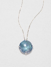 A classic 14k white gold design with a faceted English blue topaz on a delicate link chain. English blue topaz14k white goldLength, about 16Pendant size, about .5 Spring ring closureMade in USA A classic 14k white gold design with a faceted English blue topaz on a delicate link chain. English blue topaz14k white goldLength, about 16Pendant size, about .5 Spring ring closureMade in USA