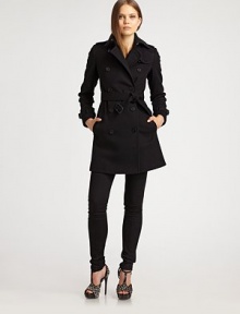 Double-breasted, wool/cashmere design is finished with the details that make it a classic.Shoulder epaulettes Hook closure at collar Button front Shoulder and back button flaps Side buttoned pockets Self belt with buckle Belt and buckle tabs on cuffs D-ring trim on belt loops Back vent at hem About 27 from shoulder to hem 80% virgin wool/20% cashmere Dry clean Imported Double-breasted, wool/cashmere design is finished with the details that make it a classic.Shoulder epaulettes Hook closure at collar Button front Shoulder and back button flaps Side buttoned pockets Self belt with buckle Belt and buckle tabs on cuffs D-ring trim on belt loops Back vent at hem About 27 from shoulder to hem 80% virgin wool/20% cashmere Dry clean Imported