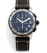 THE LOOKRound stainless steel case with black PVD coated accents, 43.5mm (1.71)Mechanical self-winding movement 46 hours of reserve powerUnidirectional rotating bezelScrew-in exhibition case backAnti-reflection sapphire crystalBlack dialThree chrono sub dialsLuminous silver hour markers