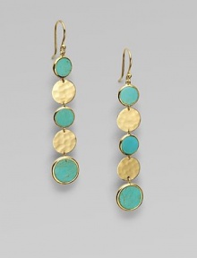 An elegant style with alternating smooth turquoise and hammered 18k gold discs in a long, exquisite drop design. 18k goldTurquoiseDrop, about 2½Hook backImported 