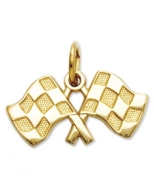 Cross the finish line in style. Two racing flags feature a polished and checkered design in 14k gold. Chain not included. Approximate length: 3/5 inch. Approximate width: 3/4 inch.