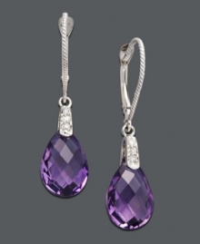 Add eye-popping color to your evening wear. These glamorous drop earrings feature a faceted pear-cut amethyst (5-9/10 ct. t.w.) and a dusting of diamond accents. Crafted in 14k gold. Approximate drop: 1-1/4 inches. Add eye-popping color to your evening wear. These glamorous drop earrings feature a faceted pear-cut amethyst (5-9/10 ct. t.w.) and a dusting of diamond accents. Crafted in 14k gold. Approximate drop: 1-1/4 inches.