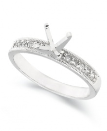 Start off your one-of-a-kind engagement ring by selecting your favorite ring setting. This stunning ring setting features a 4-prong design in 14k white gold with round-cut diamonds at the shoulders (1/6 ct. t.w.). Band width: 3 mm. Available in whole sizes 6-9. Start off your one-of-a-kind engagement ring by selecting your favorite ring setting. This stunning ring setting features a 4-prong design in 14k white gold with round-cut diamonds at the shoulders (1/6 ct. t.w.). Band width: 3 mm. Available in whole sizes 6-9.