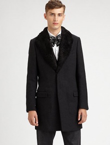 A simple outwear silhouette for the modern man of style, tailored in a rich, luxurious wool and cotton blend with faux-fur trim at the lapel.Button closureChest welt, waist flap pocketsBack beltRear ventAbout 36 from shoulder to hem40% wool/40% cotton/10% lambskin/10% nylonDry cleanMade in Italy A simple outwear silhouette for the modern man of style, tailored in a rich, luxurious wool and cotton blend with faux-fur trim at the lapel.Button closureChest welt, waist flap pocketsBack beltRear ventAbout 36 from shoulder to hem40% wool/40% cotton/10% lambskin/10% nylonDry cleanMade in Italy