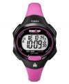 Funky pink spices up this digital Ironman watch by Timex. Pink resin strap and round black resin case with logo at bezel. Positive display digital dial features day, date, time, 10-lap memory, chronograph, alarm and timer. Quartz movement. Water resistant to 100 meters. One-year limited warranty.