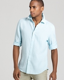 When you reach into your closet and grab this relaxed linen shirt from Elie Tahari, you'll look cool and comfortable all day long. When you reach into your closet and grab this relaxed linen shirt from Elie Tahari, you'll look cool and comfortable all day long.