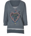 Inject folkloric flair into your casual favorites with Twenty8twelves embroidered heart sweatshirt - V-neckline, 3/4 sleeves, embroidered logo at nape, fine ribbed trim, side slits, longer back - Easy straight fit - Wear with tissue soft tees and favorite bright skinnies