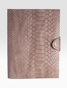 This python-embossed, leather-bound notebook with a snap-tab closure is perfect for everyday note-taking, list-making or journal-writing.LeatherIncludes 176 perforated, lined pagesAbout 5.5 X 7.5Made in USA This python-embossed, leather-bound notebook with a snap-tab closure is perfect for everyday note-taking, list-making or journal-writing.LeatherIncludes 176 perforated, lined pagesAbout 5.5 X 7.5Made in USA